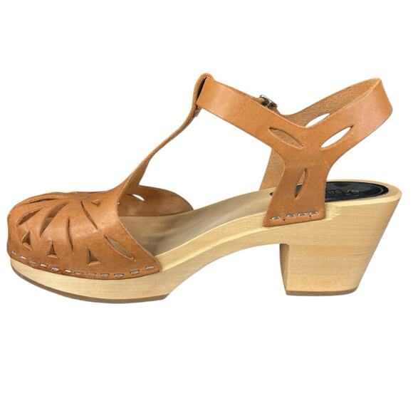 Swedish Hasbeens Women’s Lacy Brown Leather Wooden Sandals Size 39 US - Picture 2 of 12